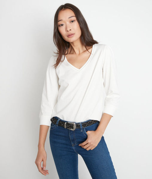 Picture of MARGOT WHITE COTTON V-NECK T-SHIRT WITH 3/4-LENGTH SLEEVES