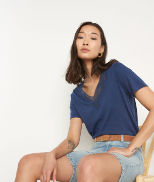 Picture of MELODIE NAVY COTTON AND LACE T-SHIRT